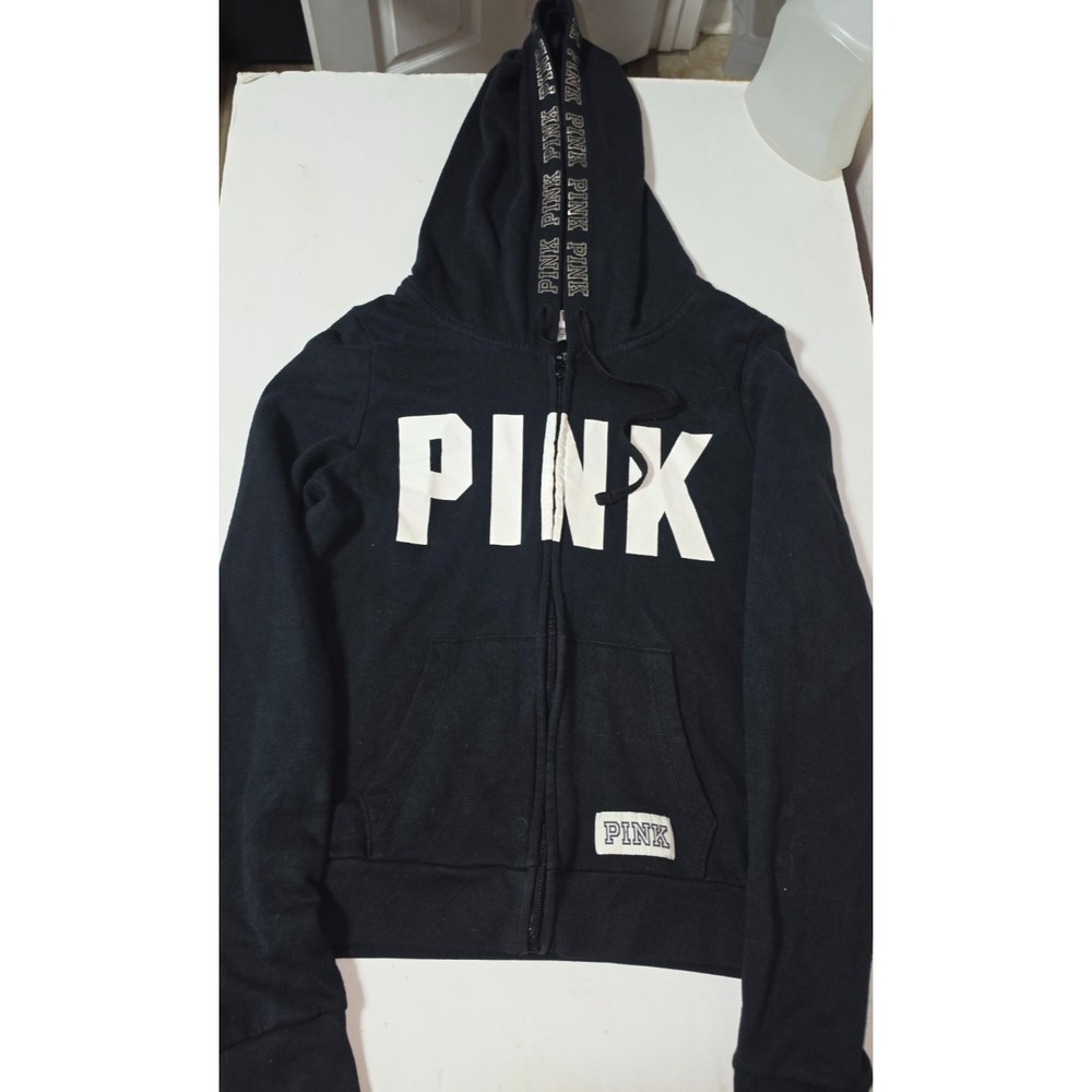 Pink Victoria Secret Women’s Black & White Zip Up Hoodie Sweatshirt Size MED